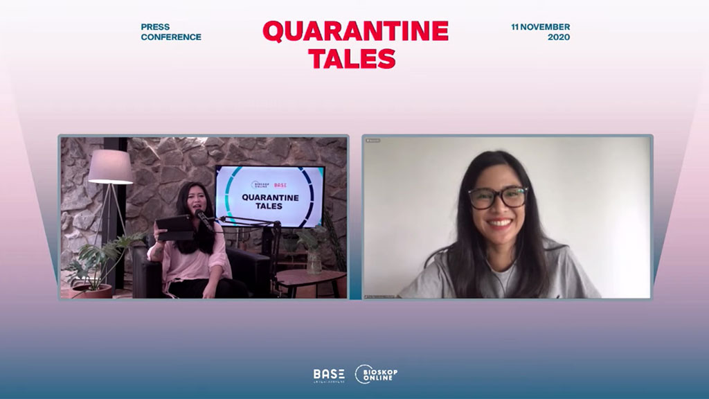 Dian Sastrowardoyo sedang menjelaskan film pendeknya yang akan hadir di omnibus Quarantine Tales